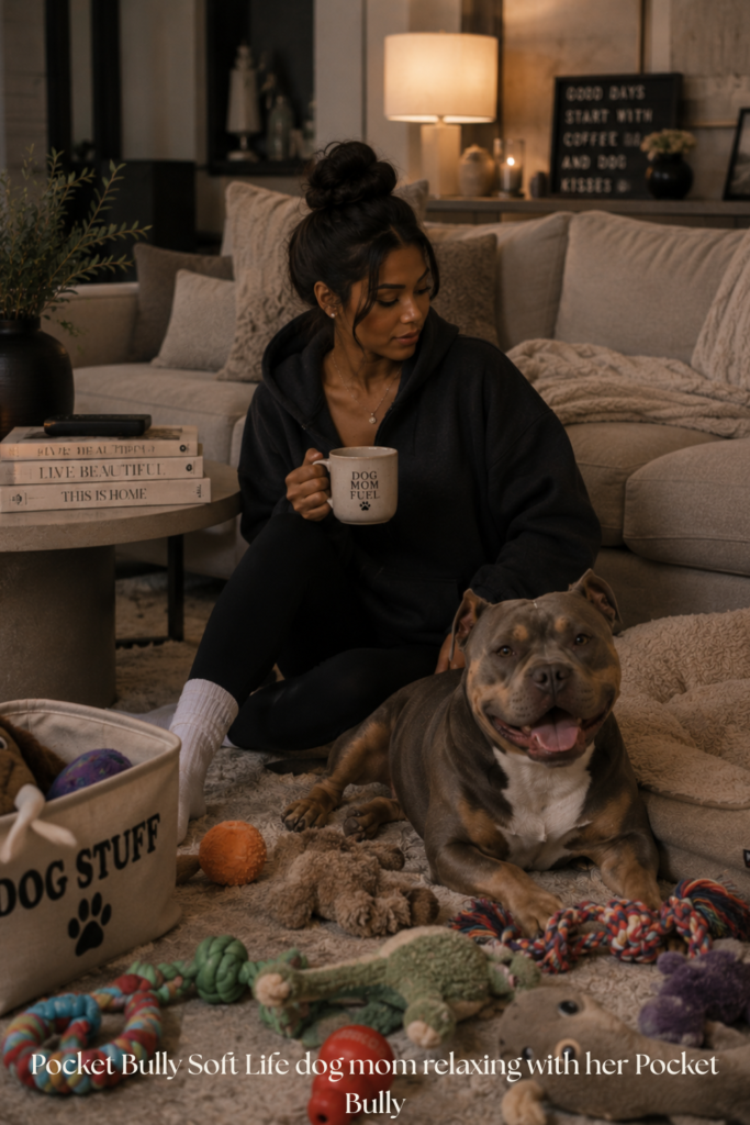 Pocket Bully soft life companion for dog moms enjoying cozy routines, comfort, emotional support, and everyday companionship.