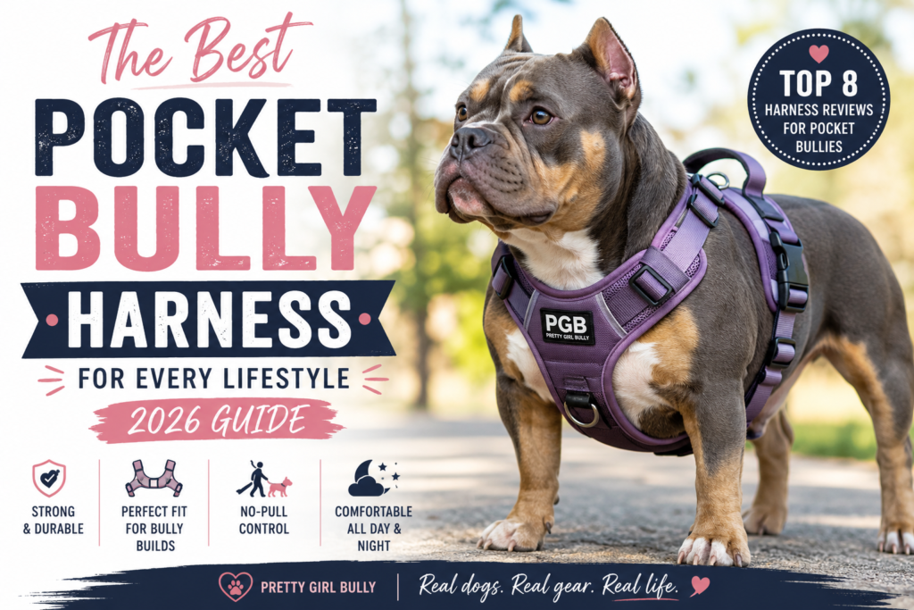 Blue tri Pocket Bully wearing a comfortable no-pull harness during an outdoor walk, featured in the Best Pocket Bully Harness for Every Lifestyle (2026 Guide).