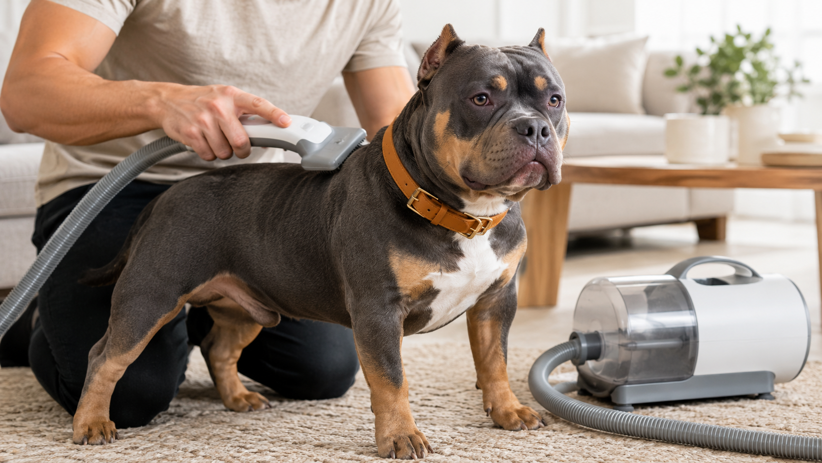 Pocket Bully being groomed with a pet grooming vacuum in a bright living room