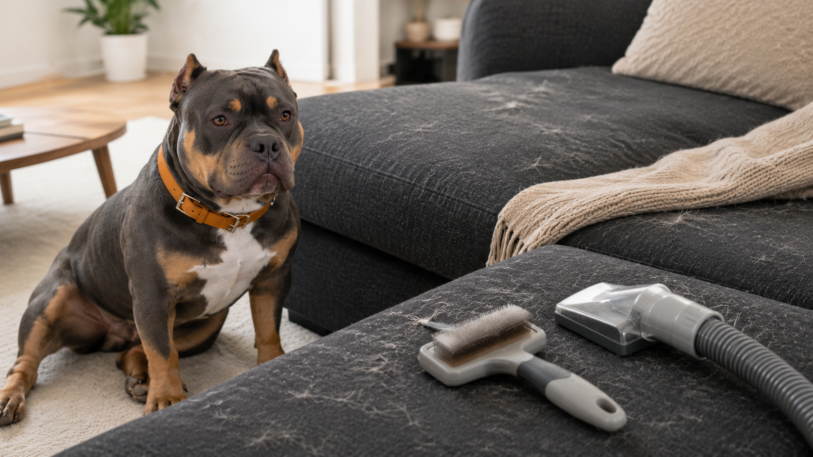 Short Pocket Bully hair embedded in a dark couch and upholstery