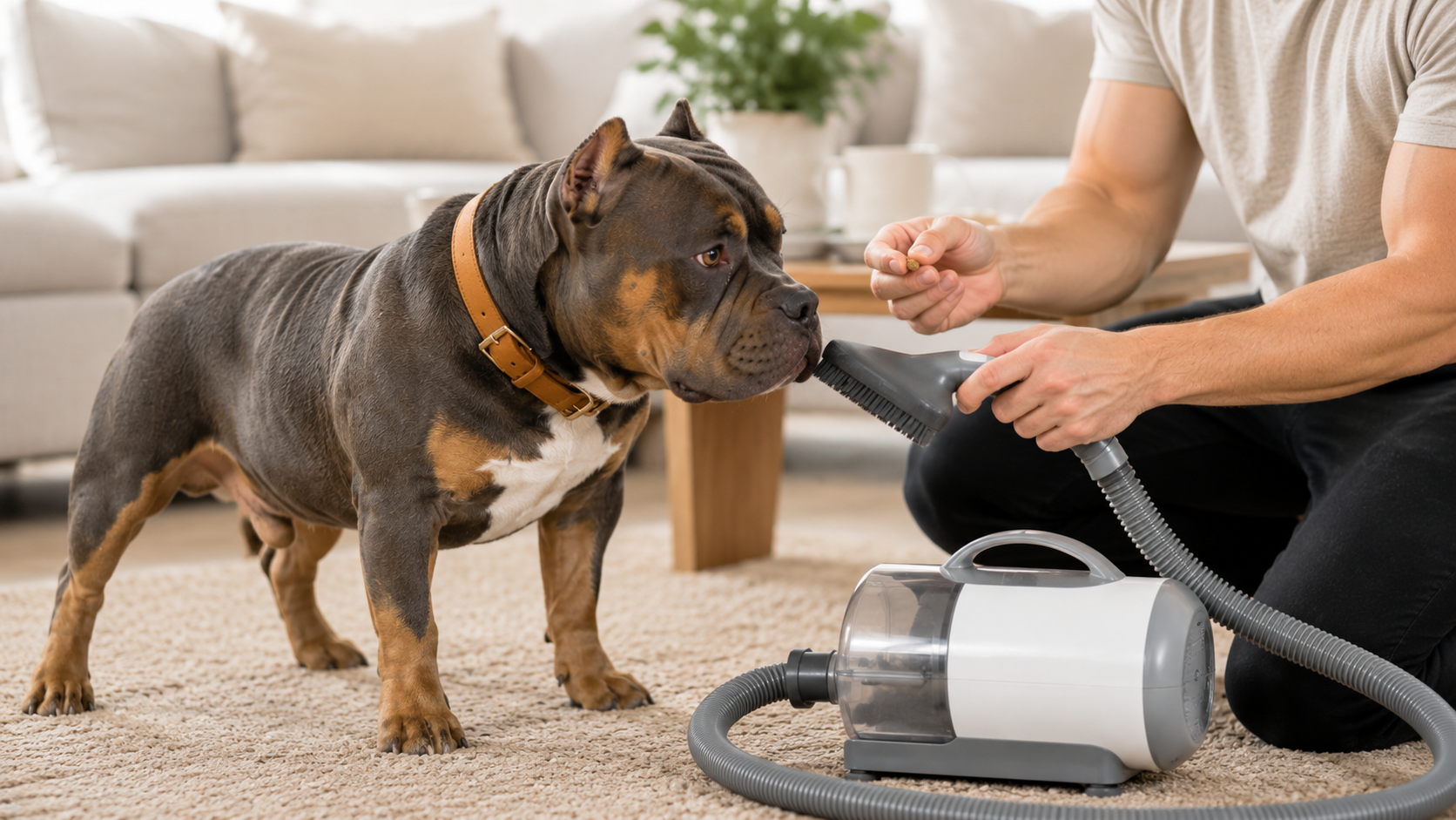 Pocket Bully being introduced slowly to a grooming vacuum with treats