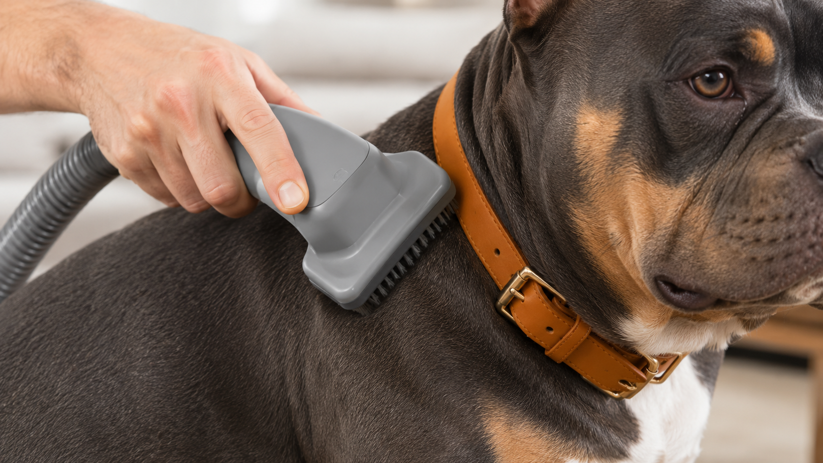 Close-up of a grooming vacuum brush moving gently over a Pocket Bully coat