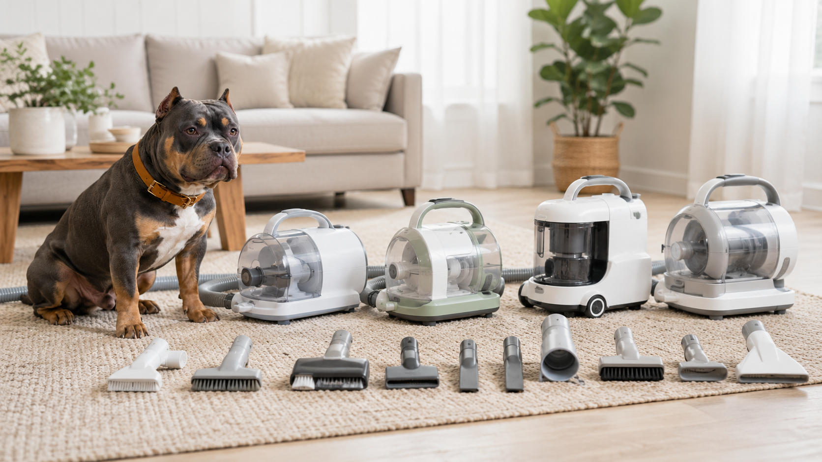 Several dog grooming vacuum systems and attachments displayed beside a Pocket Bully