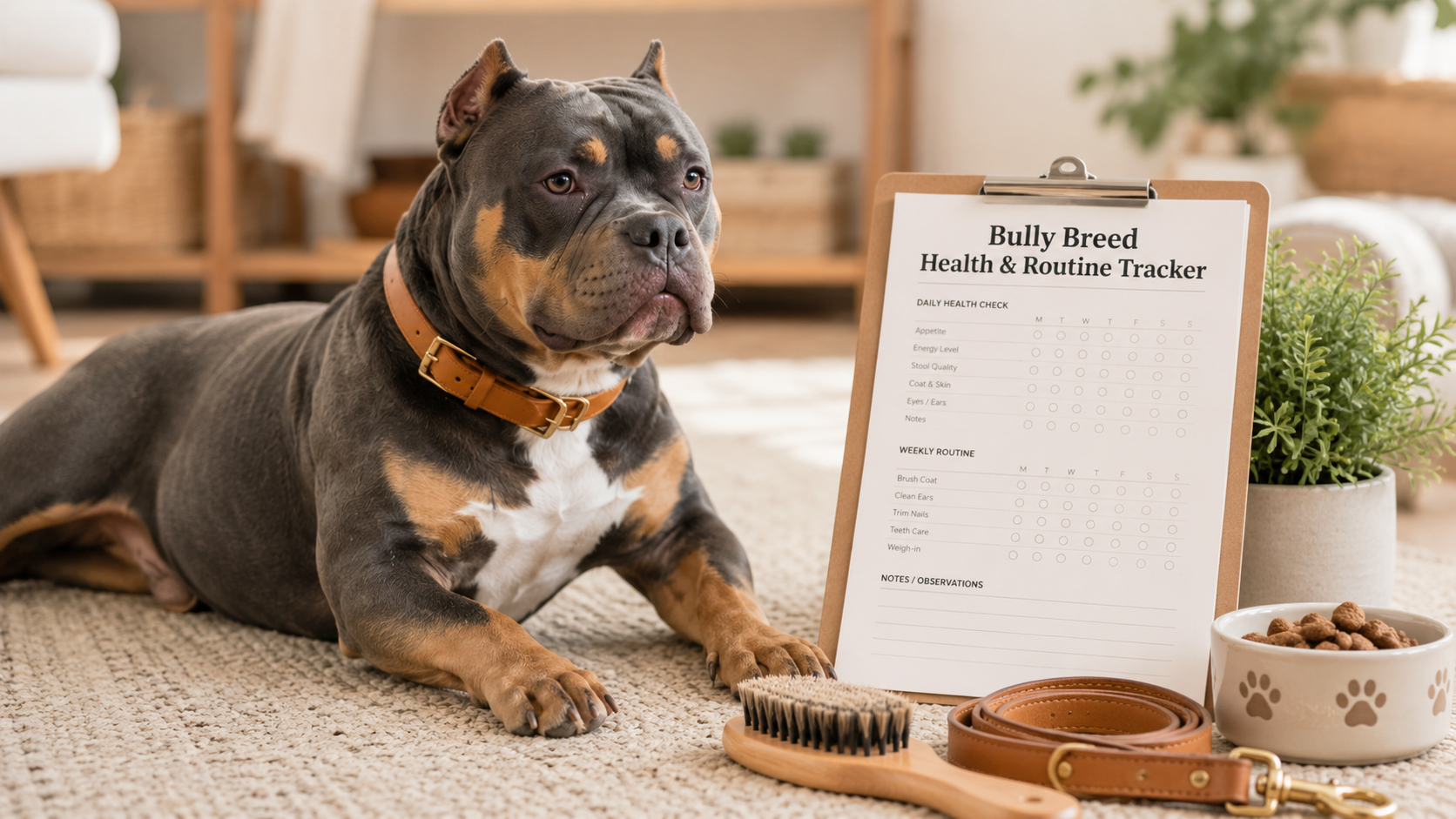 Pocket Bully beside the Bully Breed Health and Routine Tracker with grooming supplies