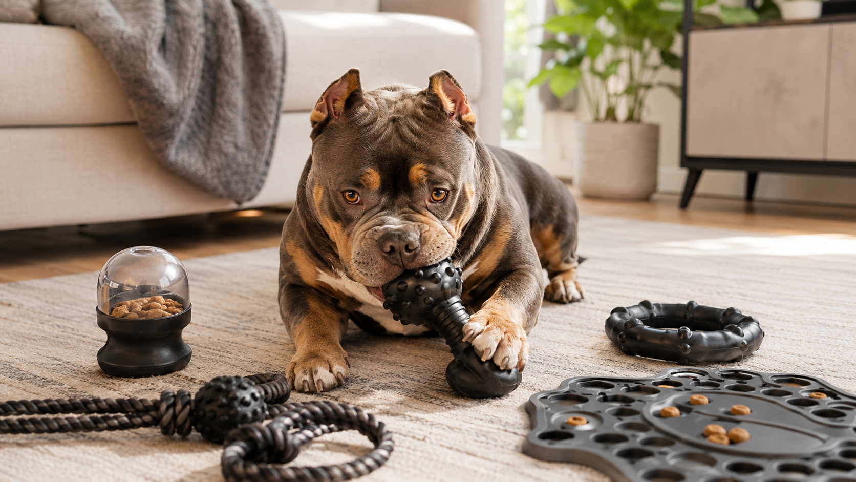 Pocket Bully chewing durable rubber toys and using a puzzle feeder