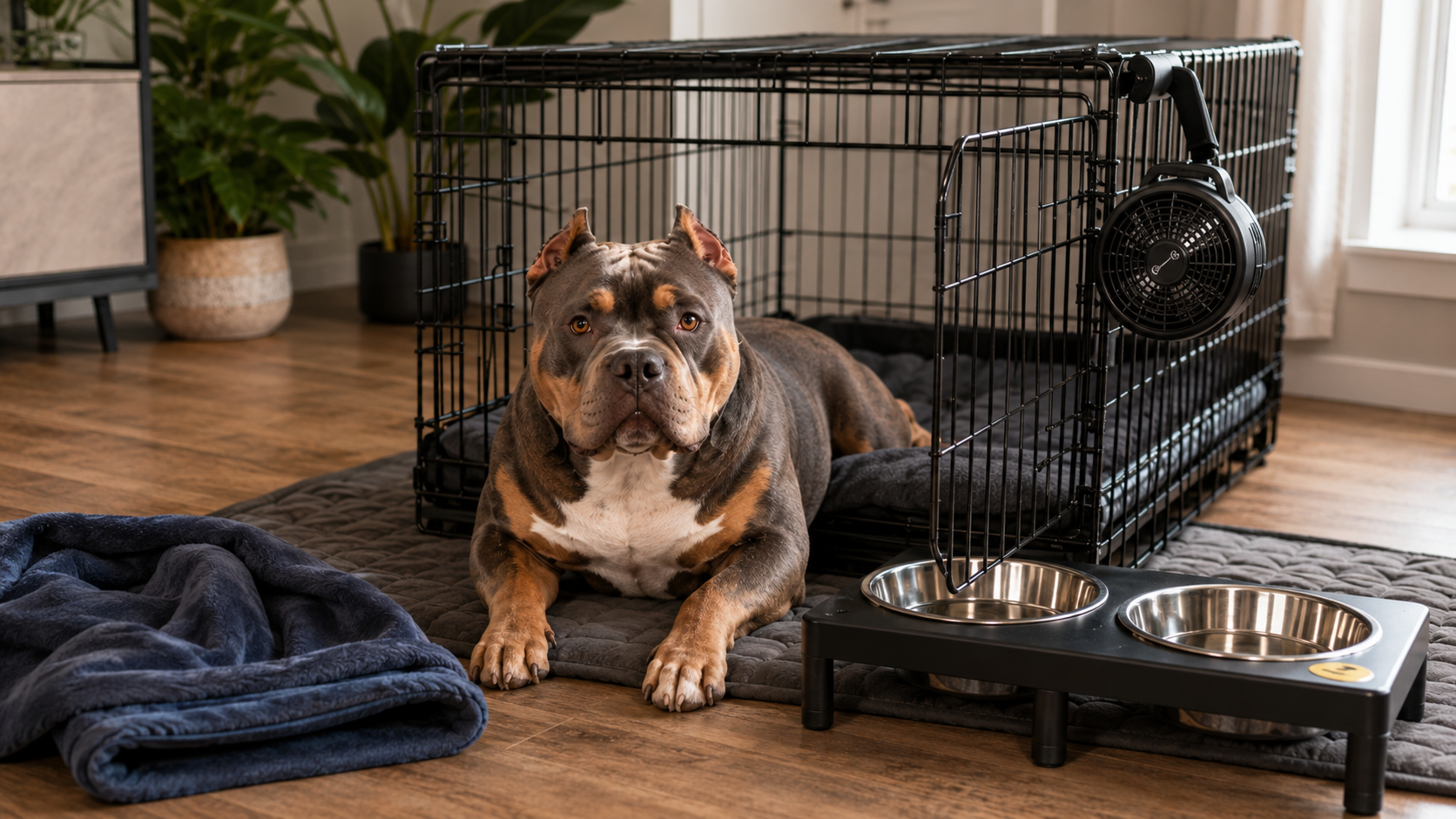 Pocket Bully crate setup with mat, blanket, bowls, and crate fan