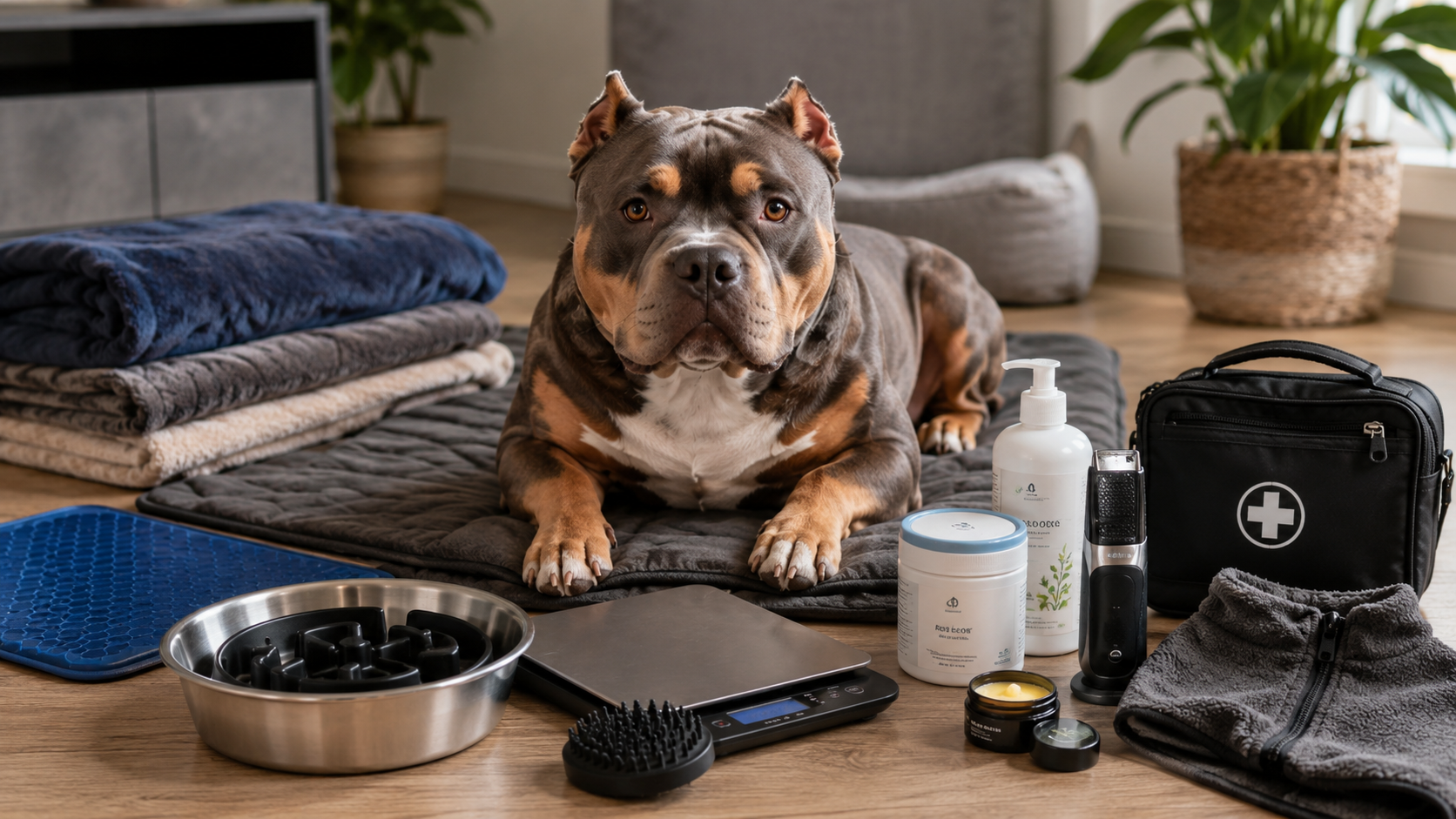 Pocket Bully grooming and daily care essentials including brush, balm, and cooling mat