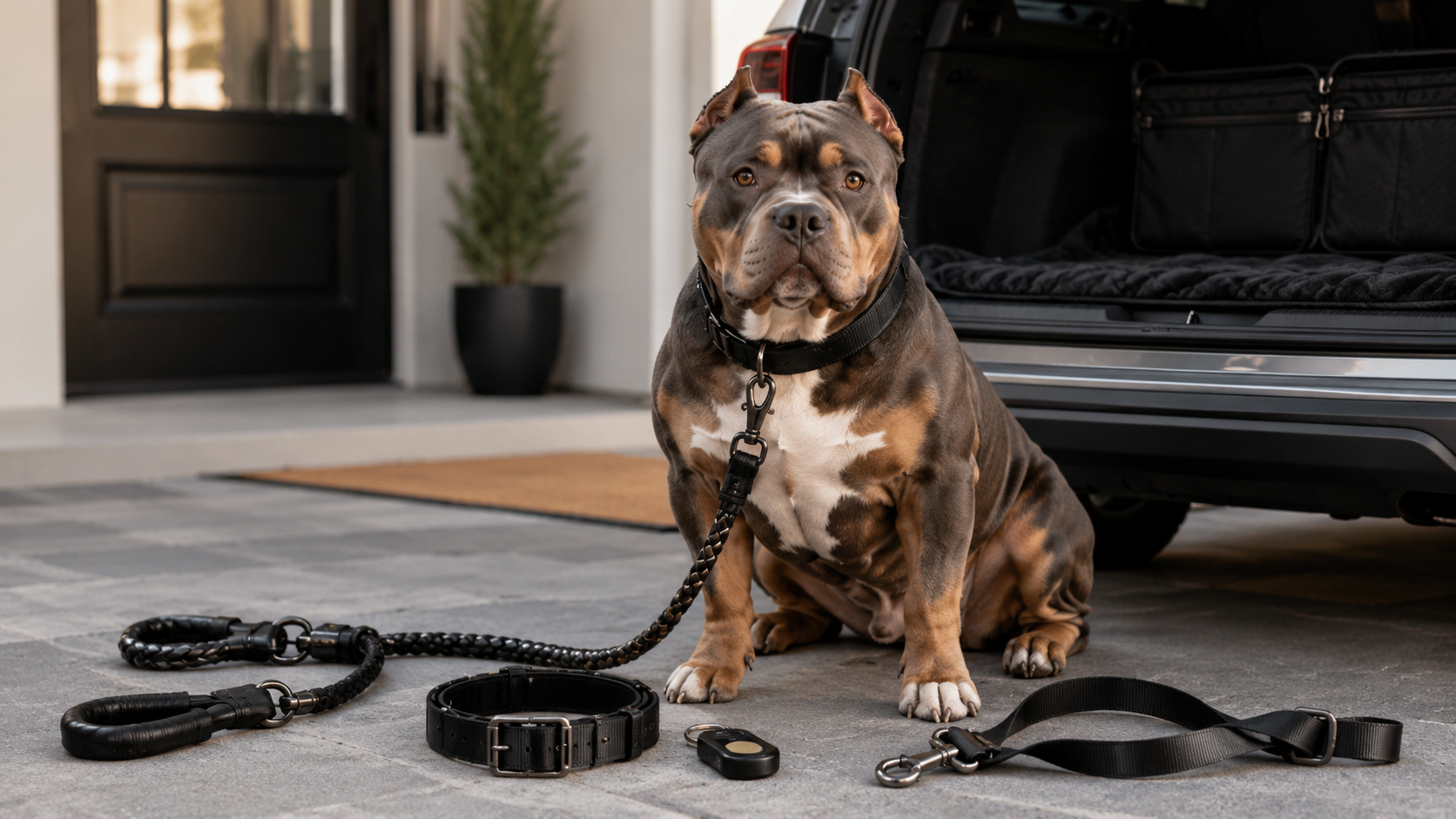 Pocket Bully walking and travel gear including collar, leash, ID tag, and seatbelt tether